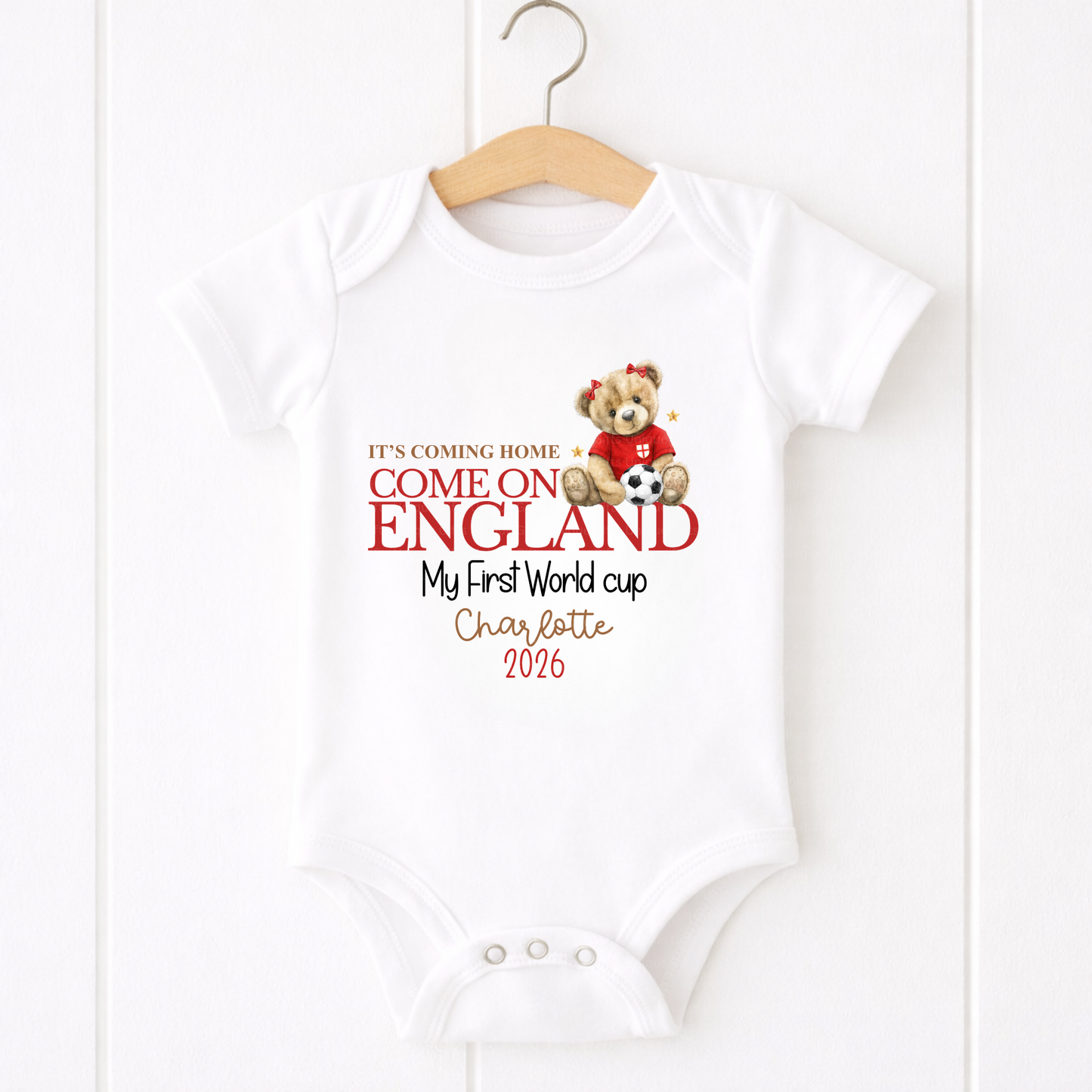 Personalised First World Cup Baby Grow – Girl – With Bow