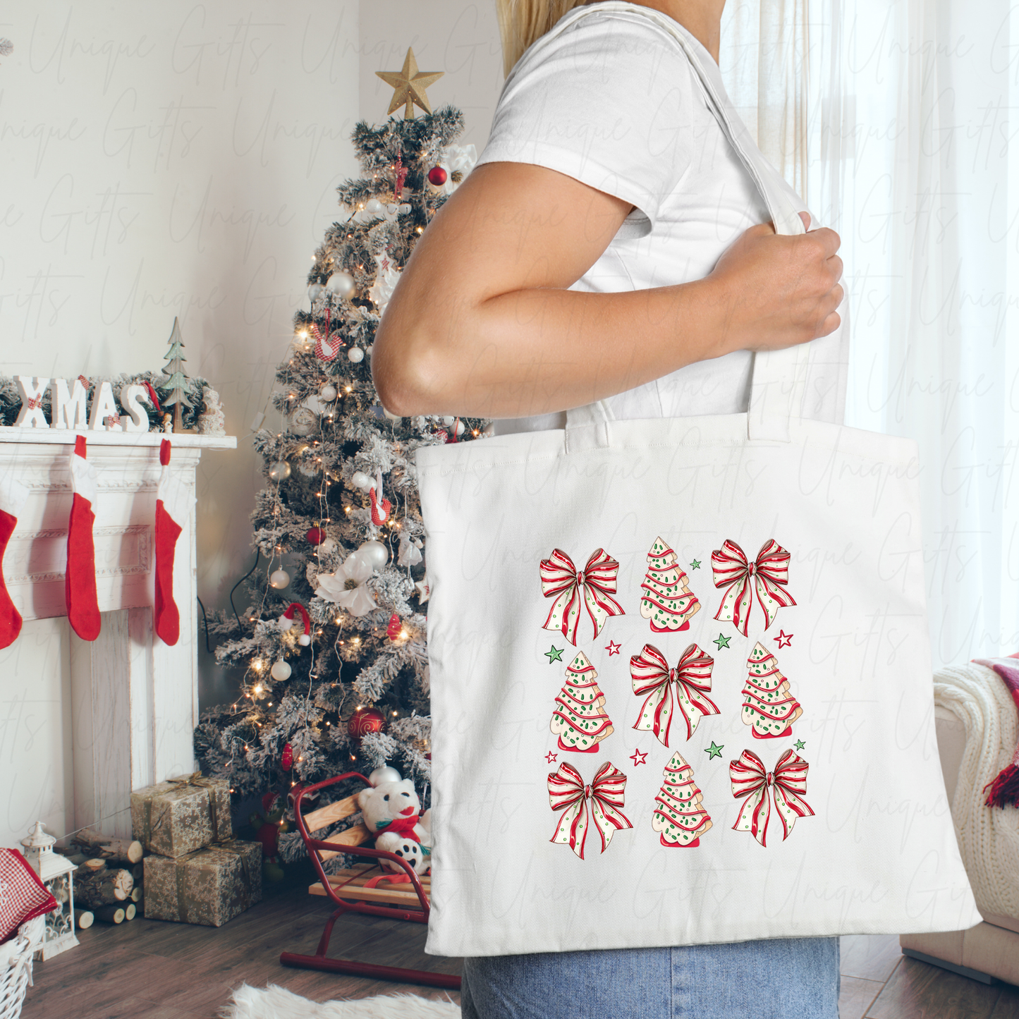 Personalised Coquette Christmas Tree Cake Tote Bag – Cute Bow Aesthetic Festive Gift Bag