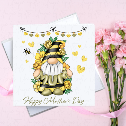 Personalised Mother's Day Card – Yellow Bee Gonk Holding MUM – With Envelope