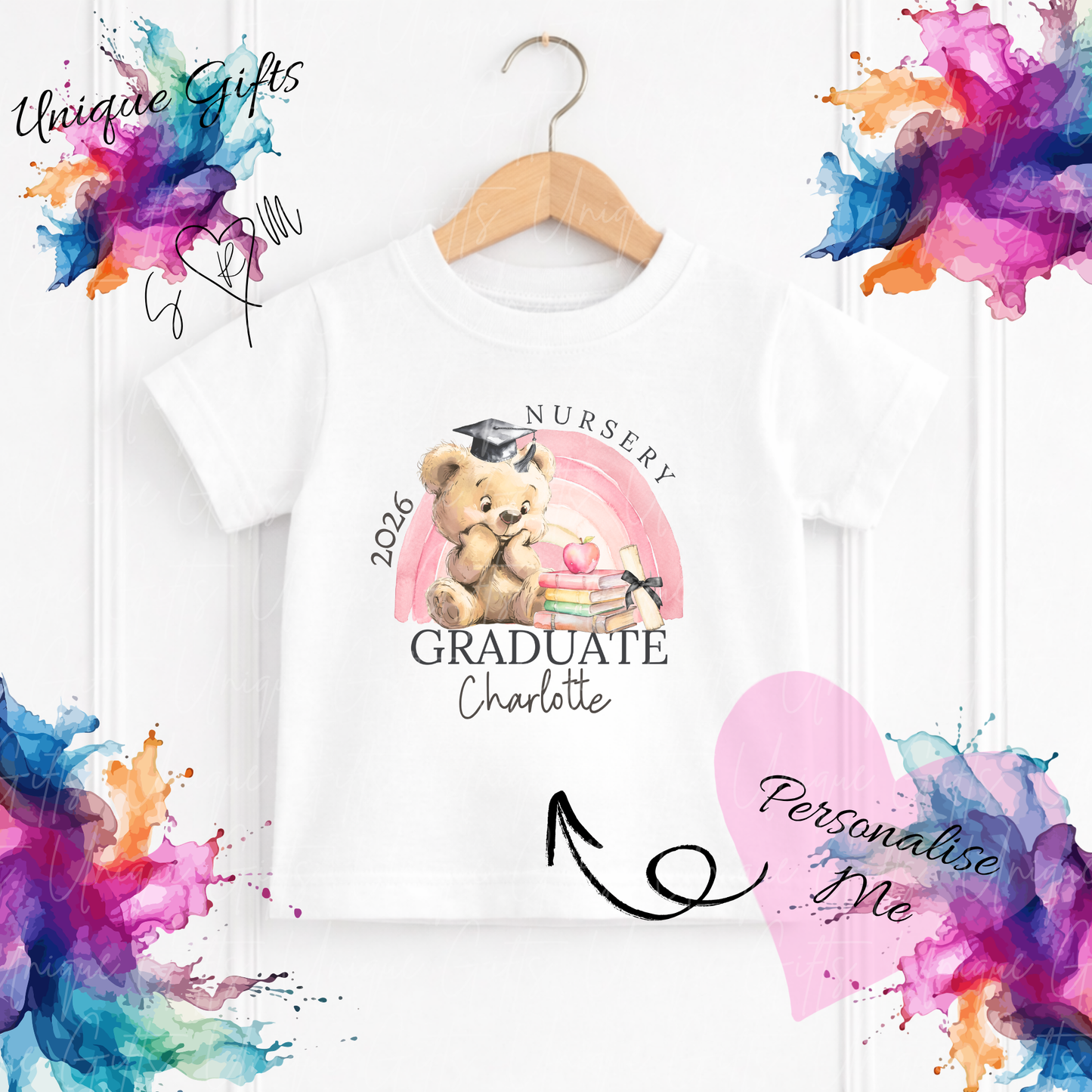 Personalised nursery graduate children's t-shirt – custom name kids tee, sizes 3-4 years to 5-6 years