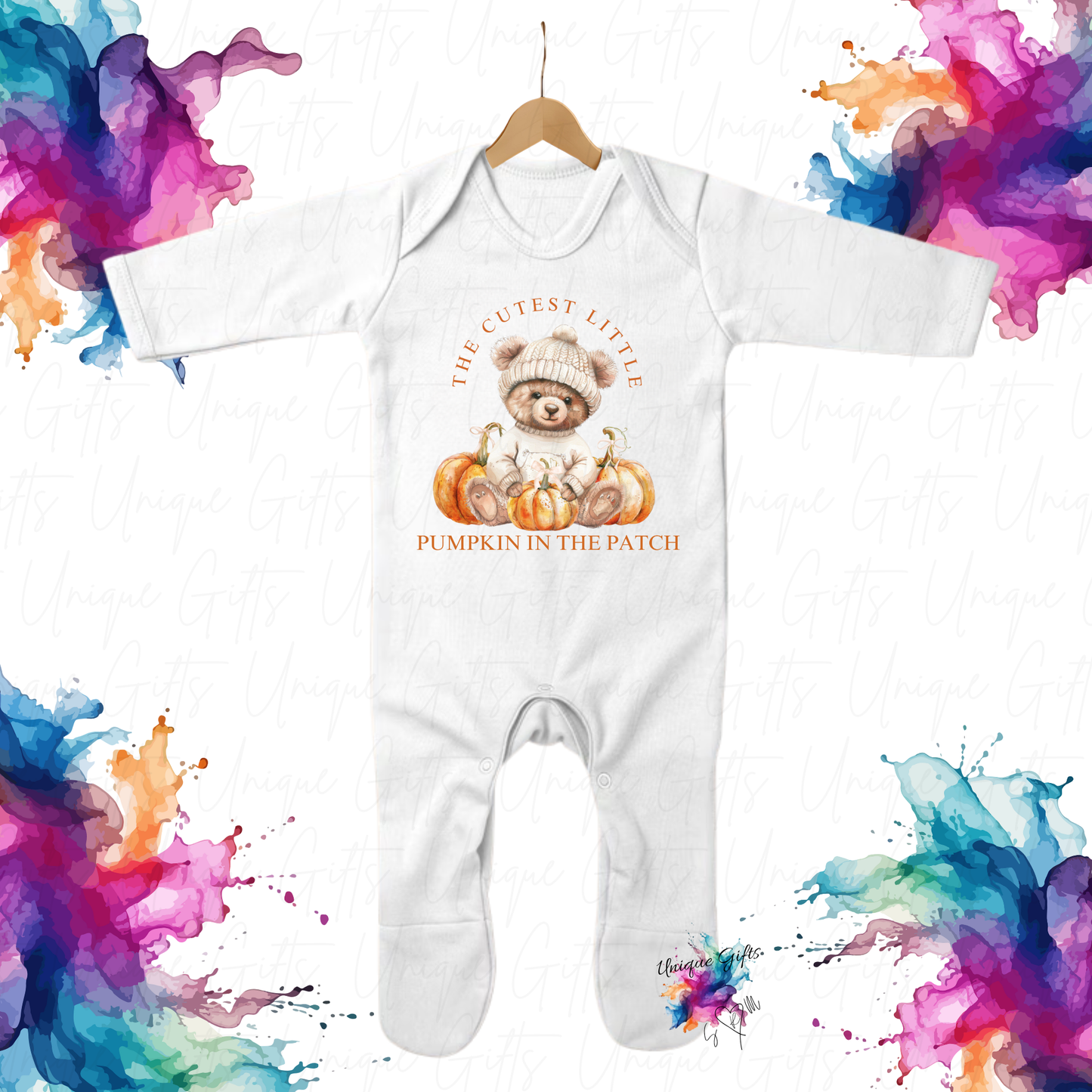 Halloween Baby Romper – The Cutest Little Pumpkin in the Patch | Cute Bear with Hat Personalised Baby Outfit (Newborn to 12 Months)