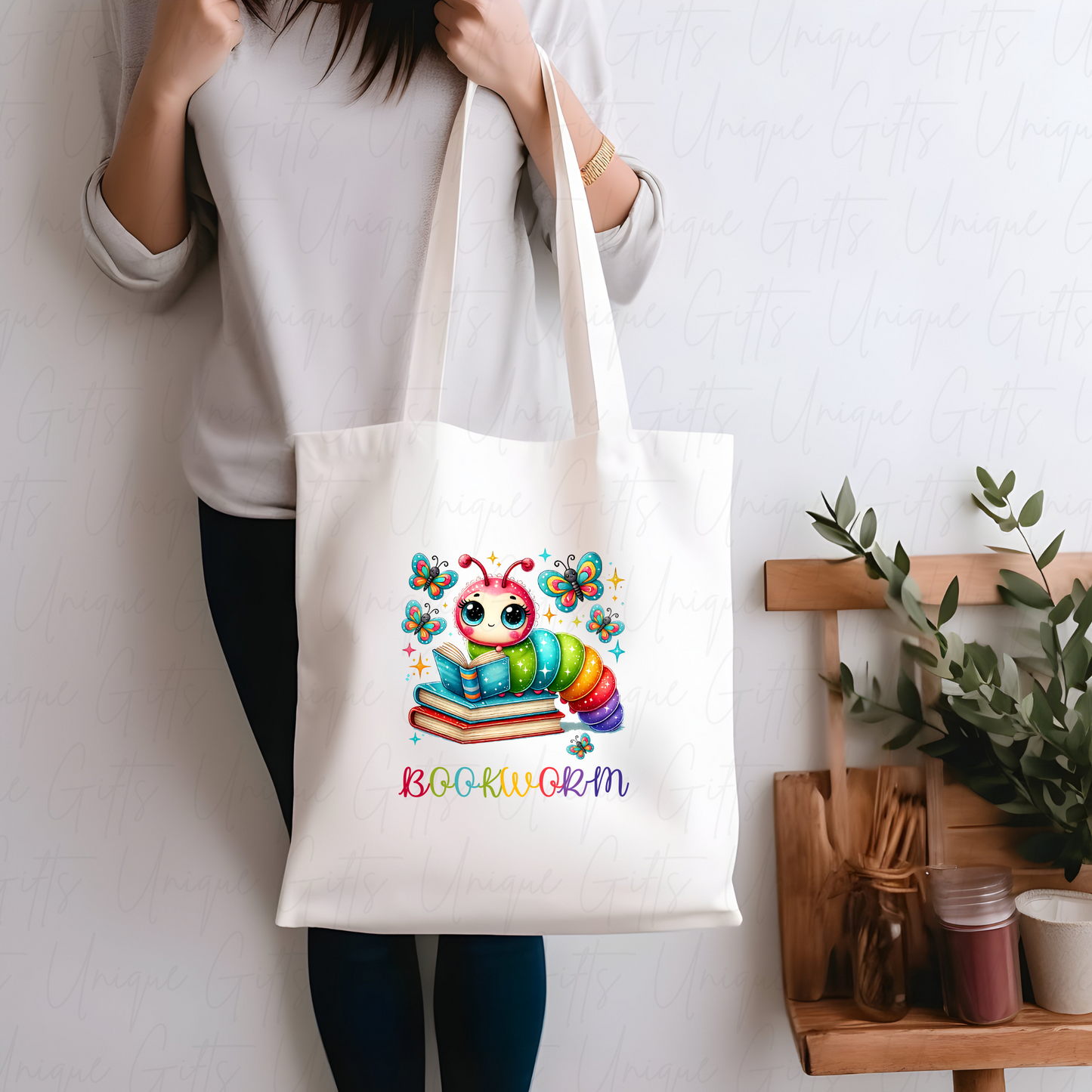 White Tote Bag – Bookworm Design, Reusable Everyday Bag for Readers
