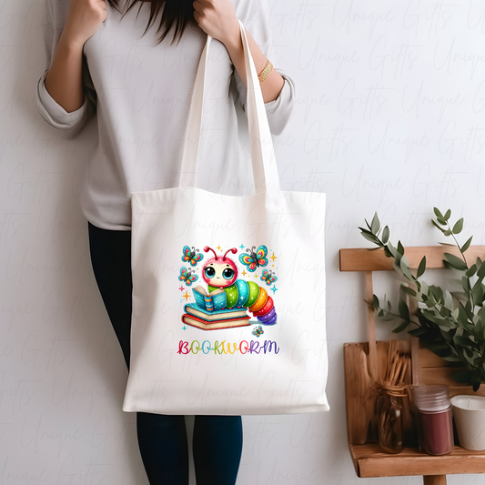 White Tote Bag with Bookworm Design