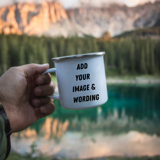 12oz Personalised Enamel Mug with Silver Rim – Add Your Name or Image | Custom Vintage Camping Mug