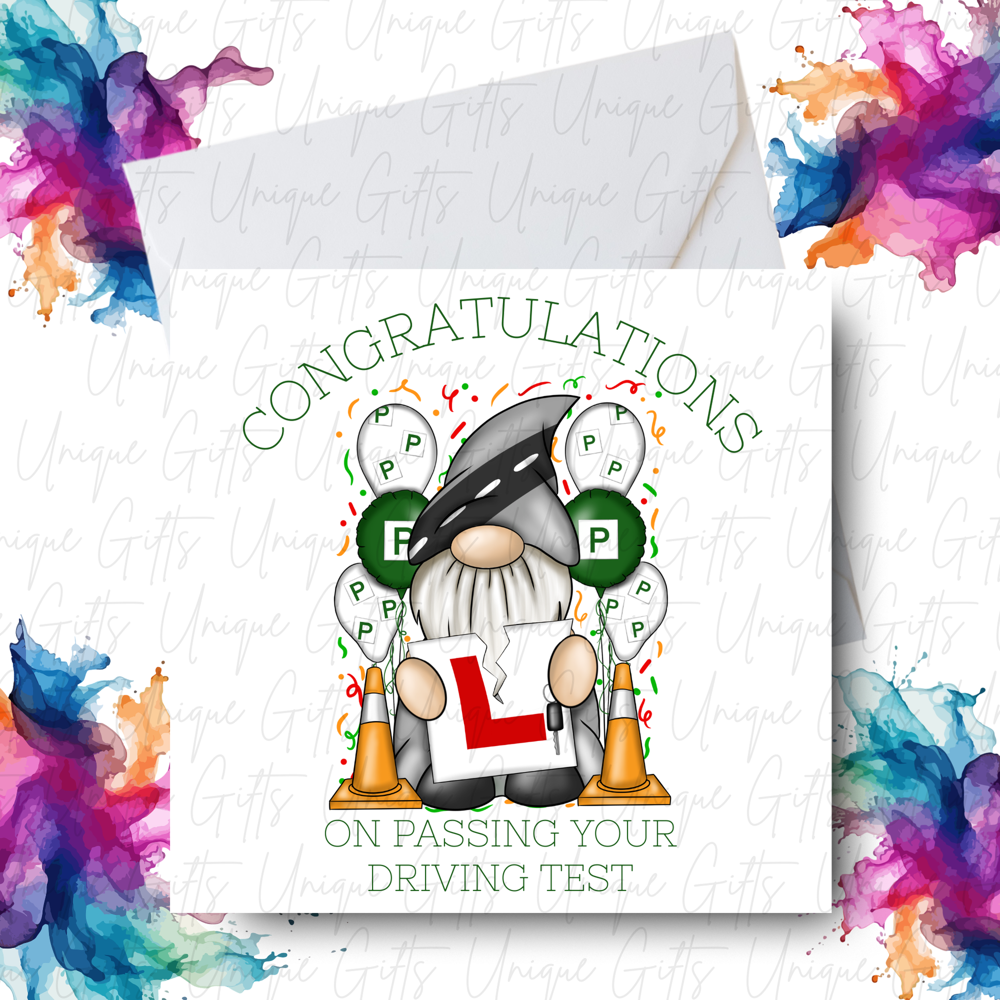 Passed driving test card with boy gonk design and colourful watercolour splash border | Unique Gifts