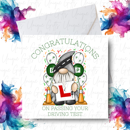 Passed driving test card with boy gonk design and colourful watercolour splash border | Unique Gifts