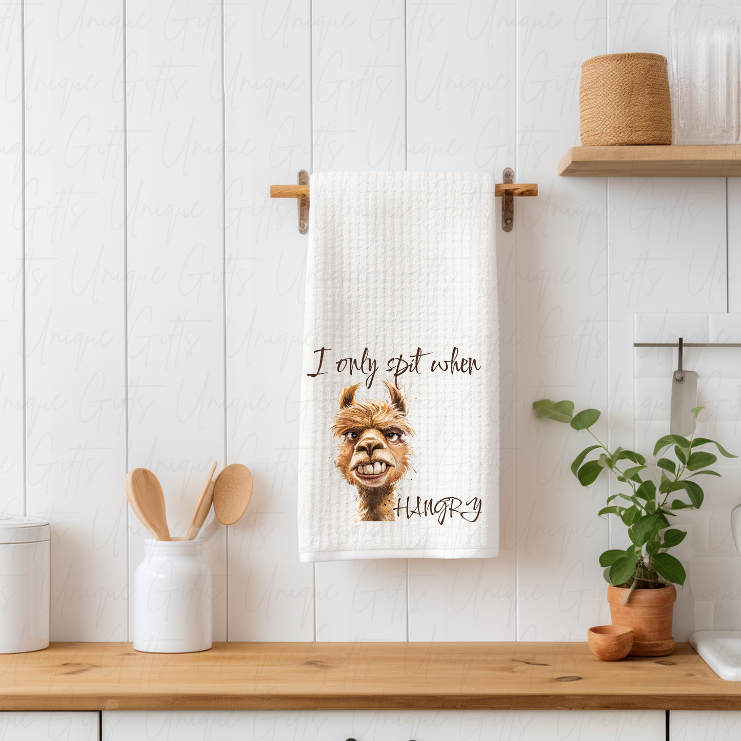 Llama “I Only Spit When Hangry” Kitchen Tea Towel – Waffle Knit