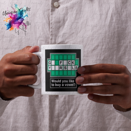 Would You Like to Buy a Vowel?” Funny Mug – Cheeky Novelty Coffee Cup Gift