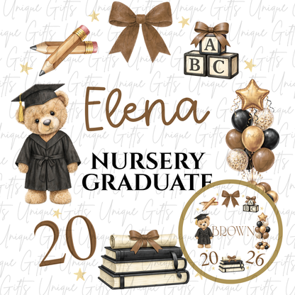Nursery graduate 2026 card with bear and ABC blocks design with brown personalised name | Unique Gifts