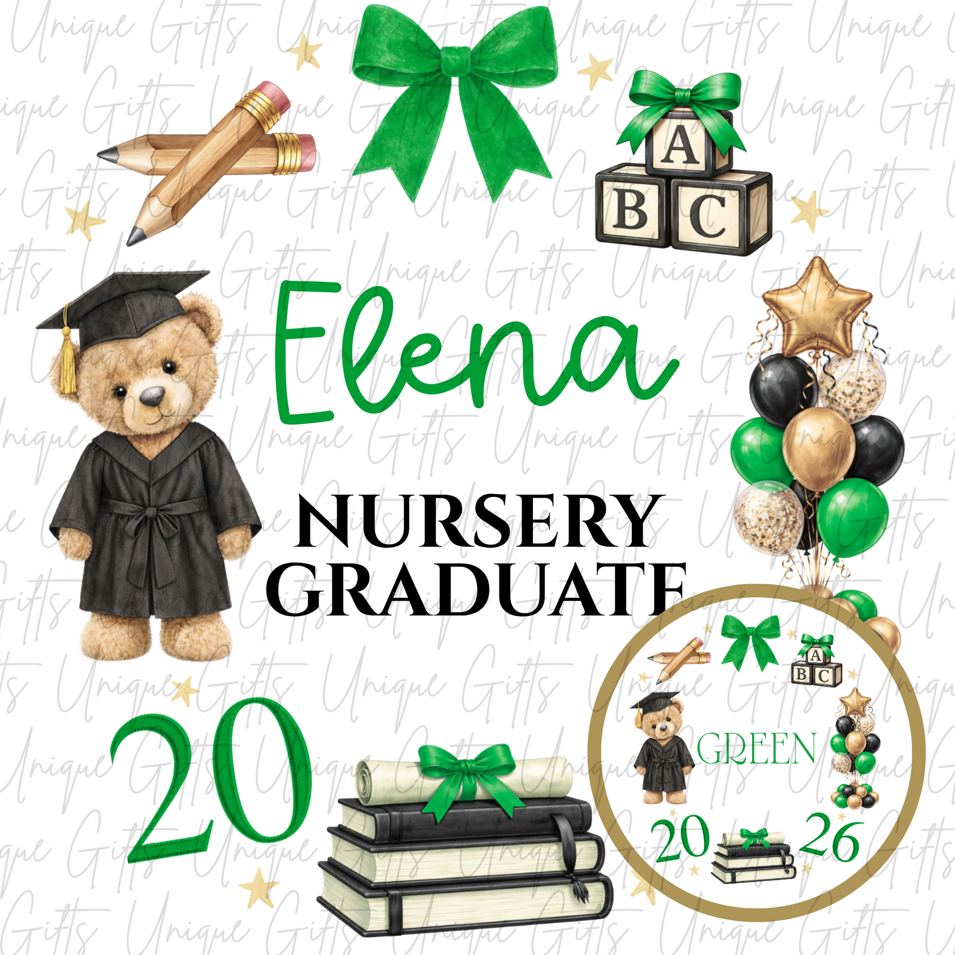 Nursery graduate 2026 card with bear and ABC blocks design with green personalised name | Unique Gifts