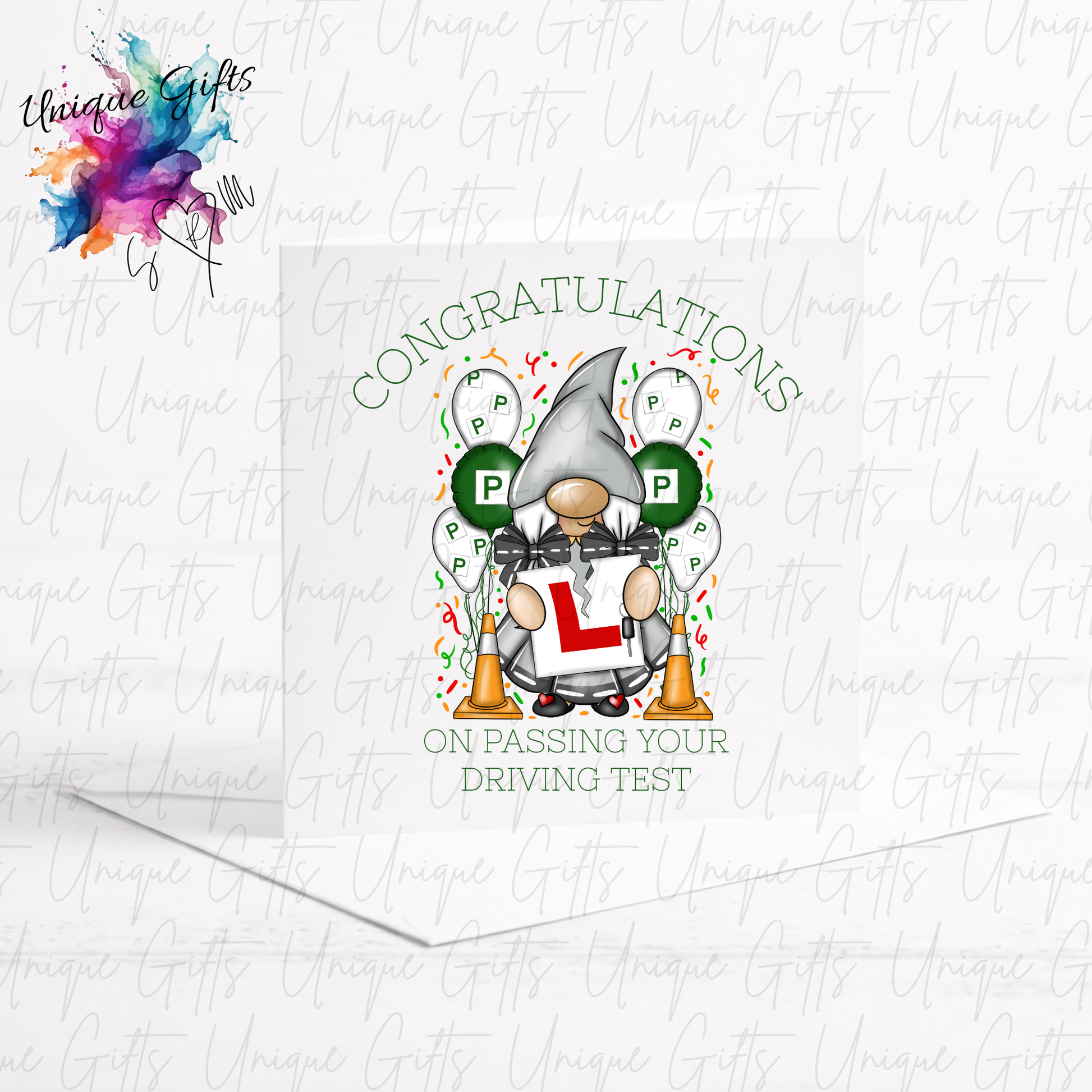 Congratulations on passing your driving test card featuring a cute girl gonk holding an L plate | Unique Gifts