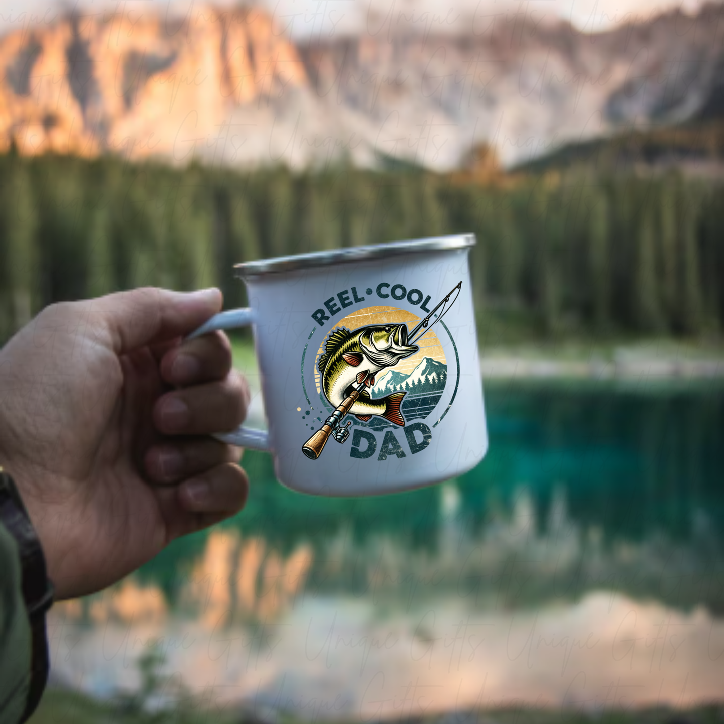 12oz Enamel Mug with Silver Rim – “Reel Cool Dad” Design | Vintage Camping Mug