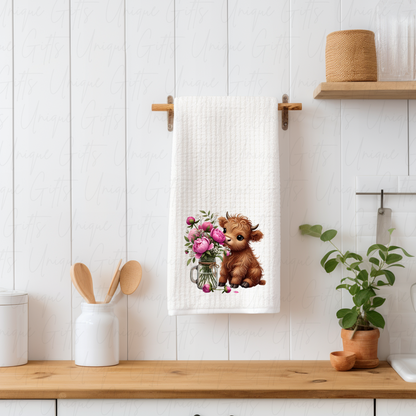 Highland Cow & Flowers Kitchen Tea Towel – Waffle Knit