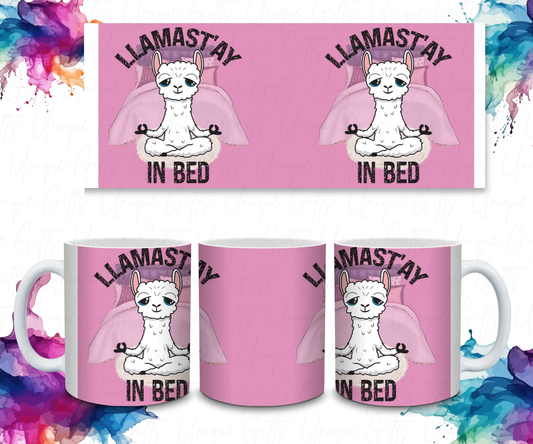 Coffee Mug Featuring Llama, Llamast'ay in Bed.