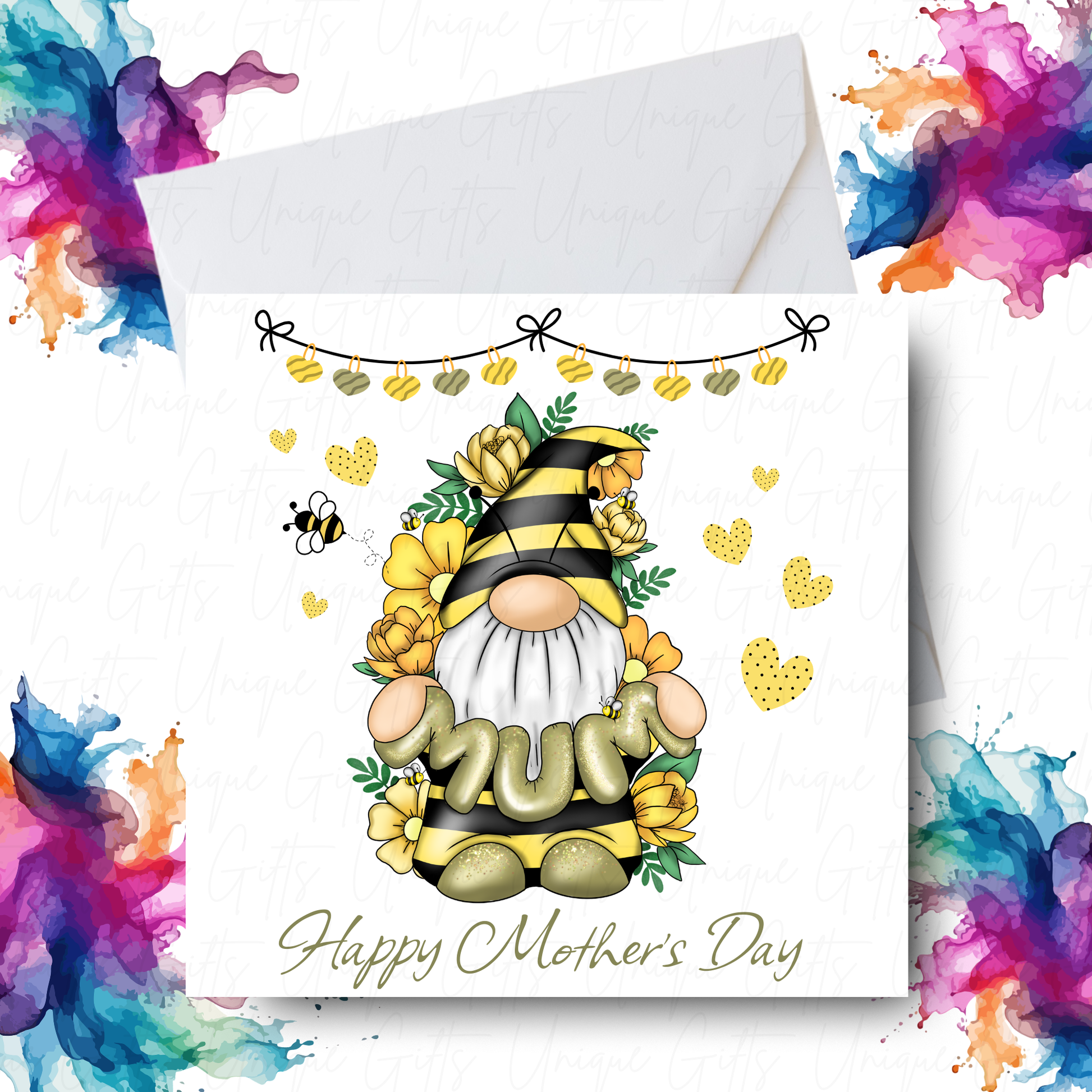 Yellow Bee Gonk Holding MUM Mother's Day Card Design – Unique Gifts