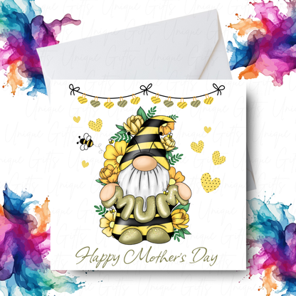 Yellow Bee Gonk Holding MUM Mother's Day Card Design – Unique Gifts