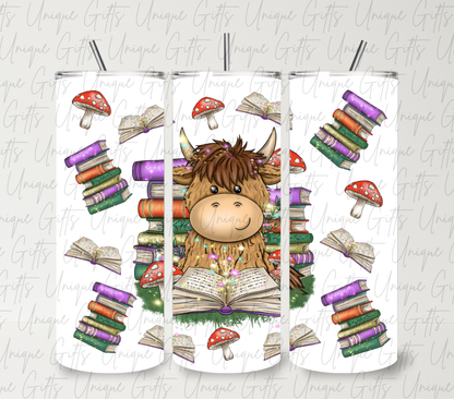Cute highland cow reading 20oz skinny tumbler – book lover cup, insulated stainless steel with straw