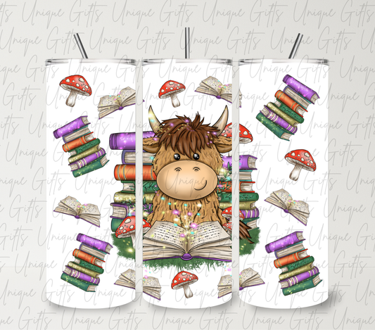Cute highland cow reading 20oz skinny tumbler – book lover cup, insulated stainless steel with straw