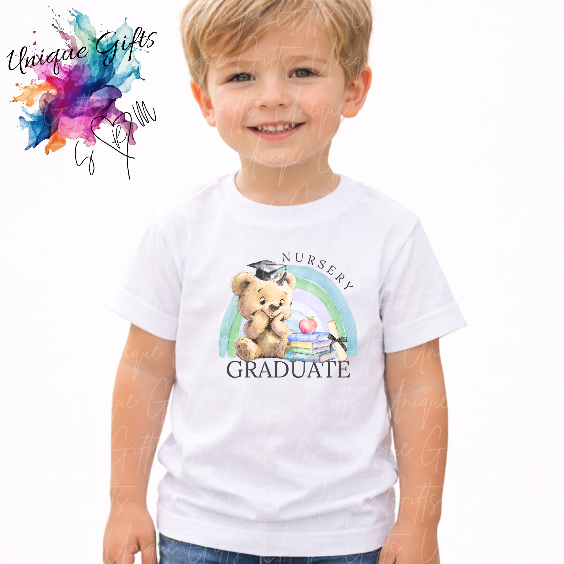 Personalised nursery graduate children's t-shirt – custom name kids tee, sizes 3-4 years to 5-6 years