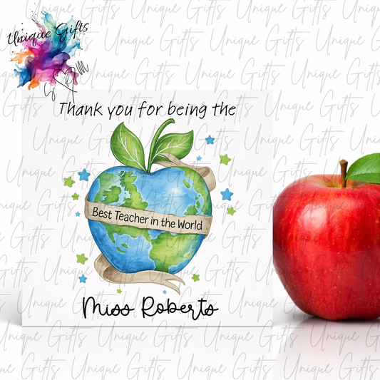 Personalised Best Teacher in the World Card featuring watercolour globe apple design with Best Teacher in the World banner and personalised teacher name
