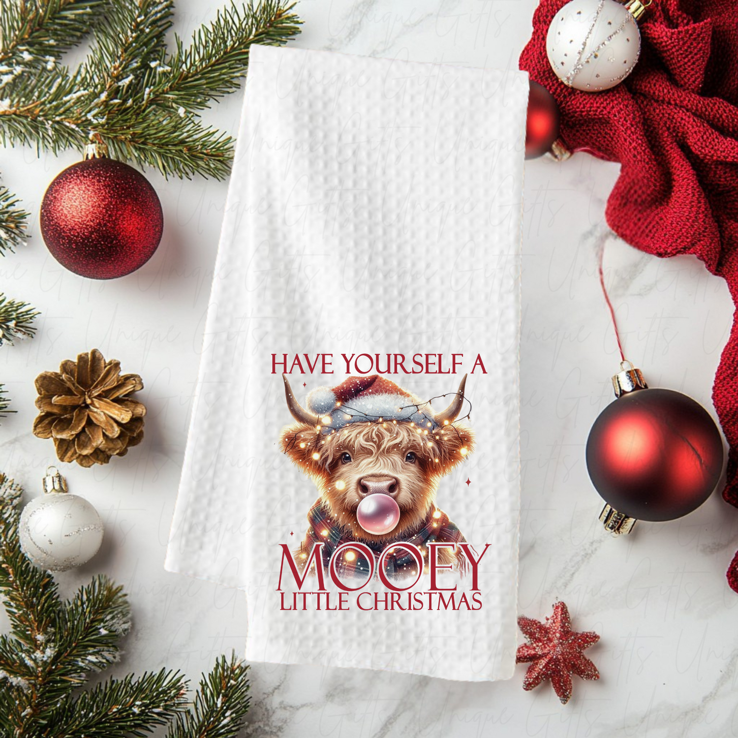 Highland Cow Mooey Little Christmas Waffle Knit Kitchen Tea Towel – Festive Novelty Gift