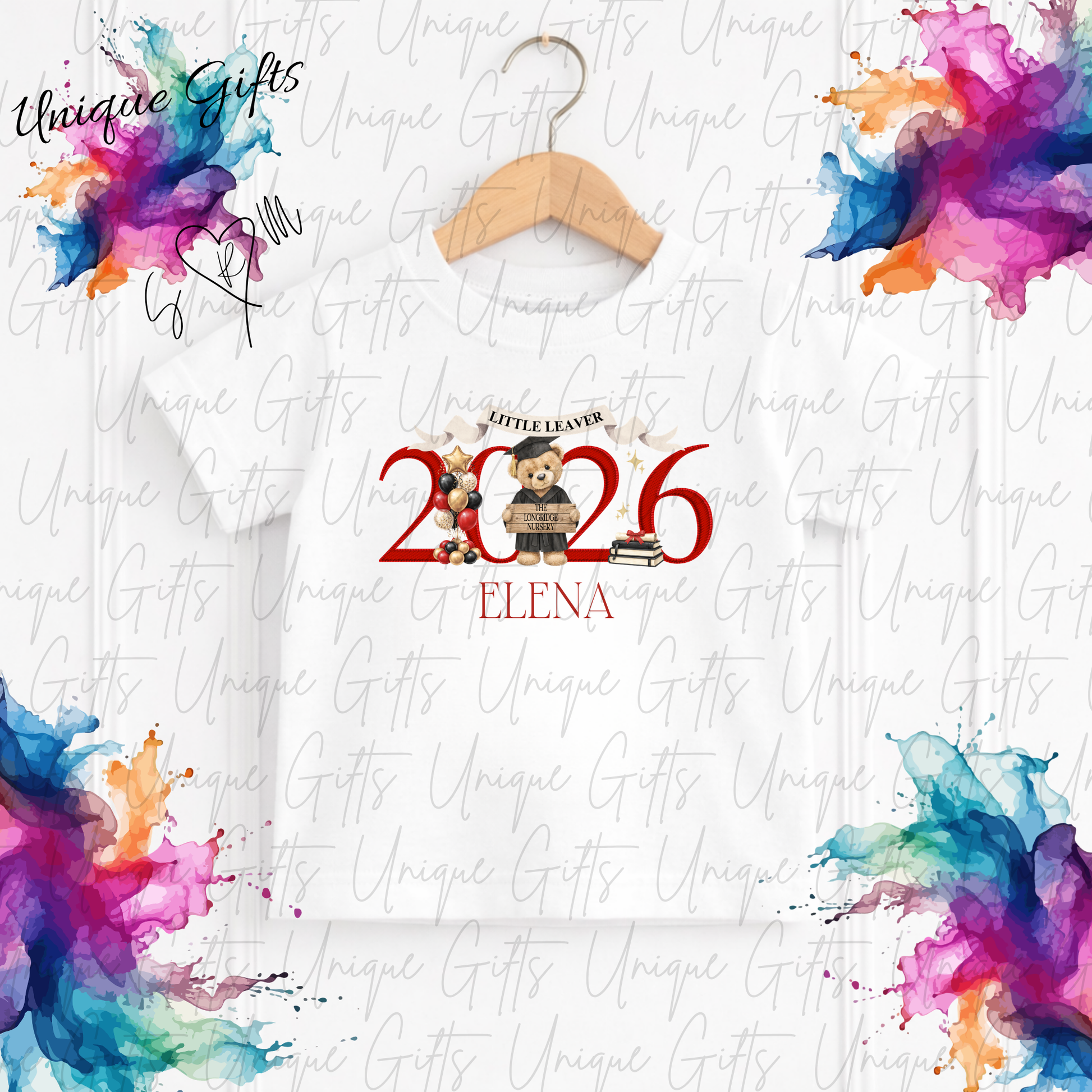 Personalised nursery leavers t-shirt 2026 – custom name children's graduation keepsake top, available in 12 colours