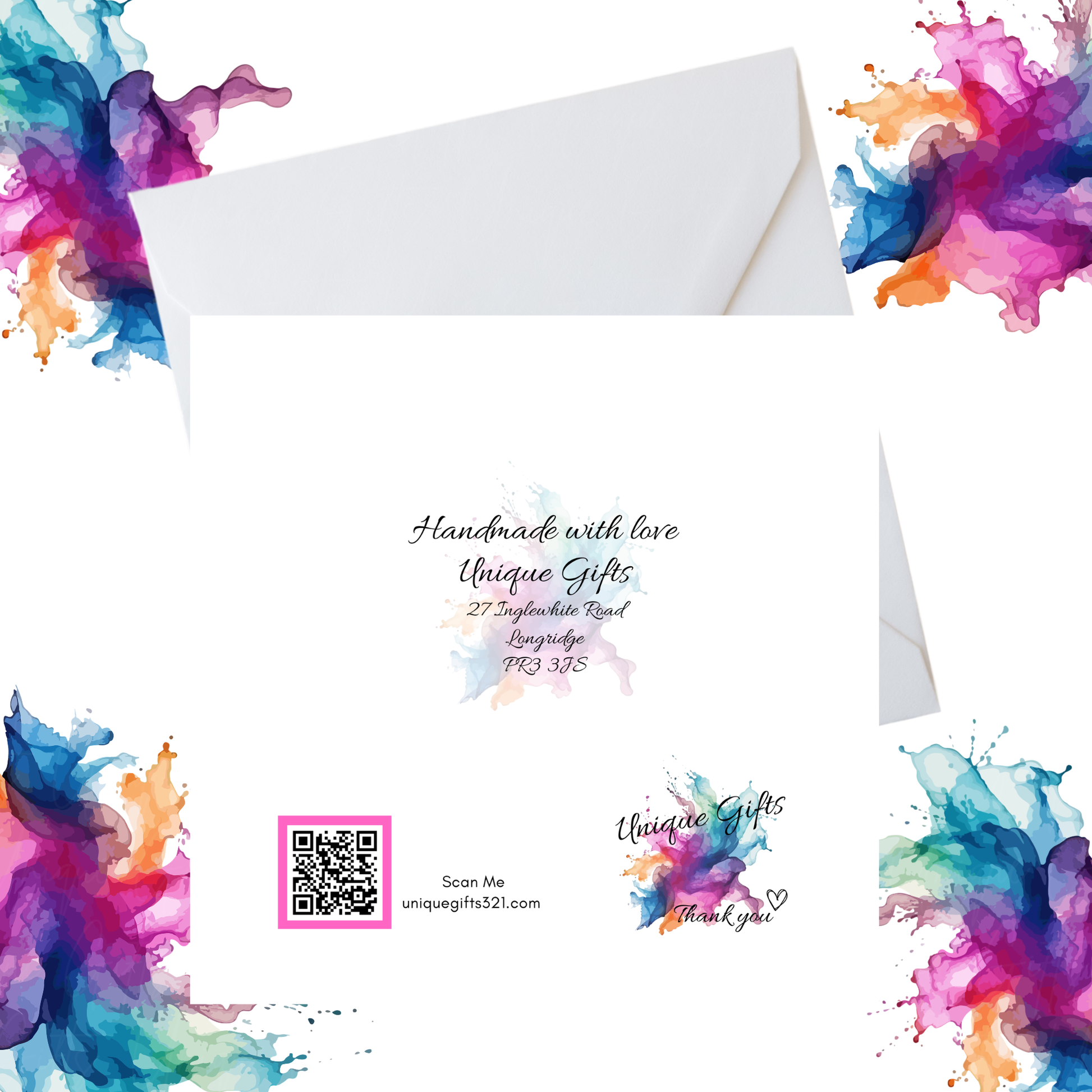 Back of Handmade Greeting Card – Unique Gifts Branding with QR Code