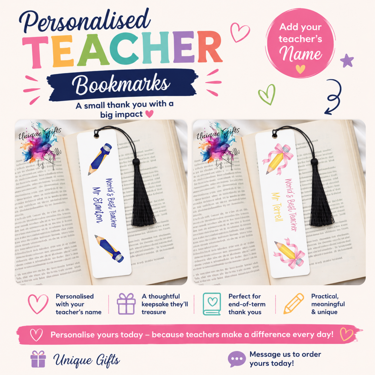 Personalised Teacher Bookmark – Blue Pencil Design