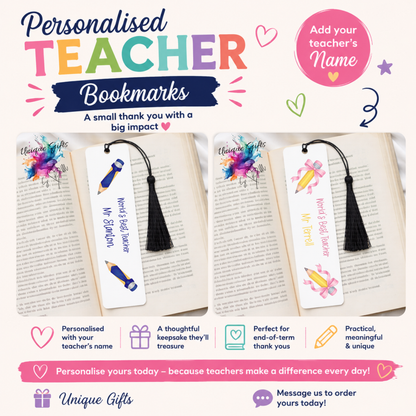Personalised Teacher Bookmark – Blue Pencil Design