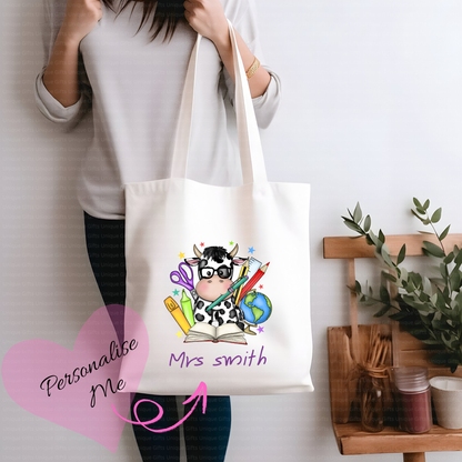 Personalised Cow Teacher Tote Bag