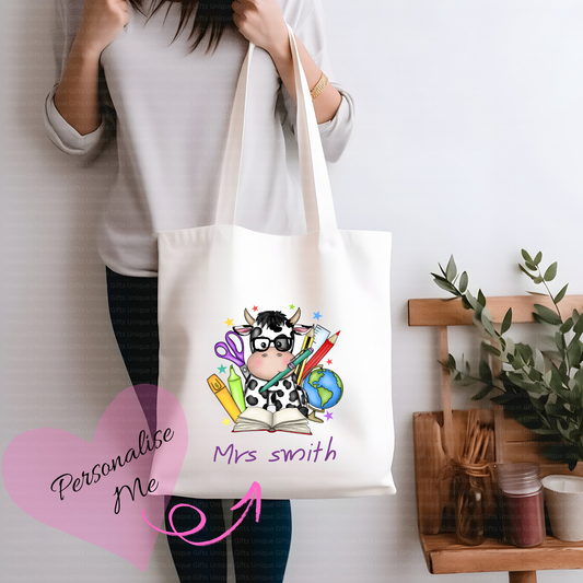 Personalised Cow Teacher Tote Bag