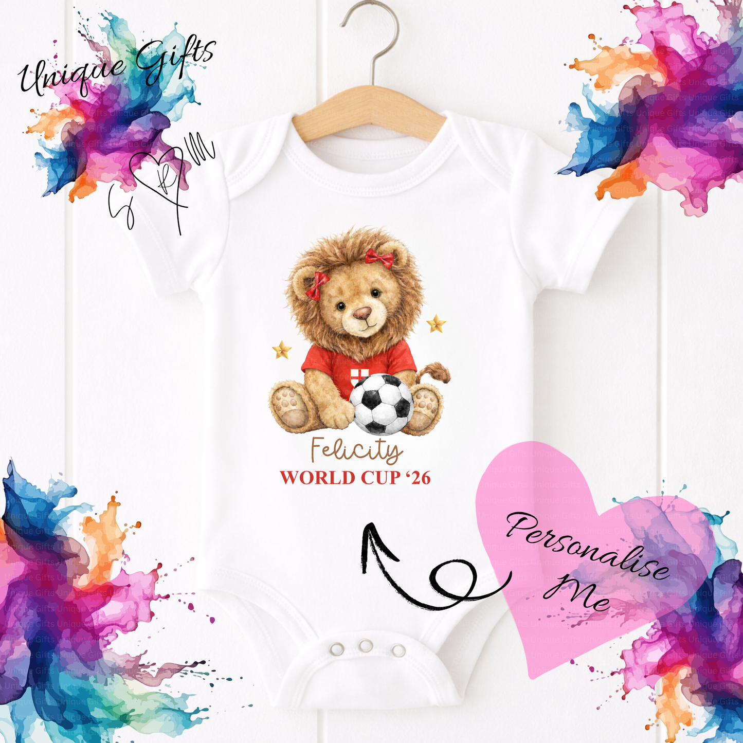 Personalised World Cup '26 Baby Grow – Lion Cub Football Design | Custom Name Baby Bodysuit