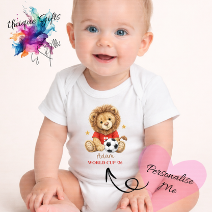 Personalised World Cup '26 Baby Grow – Lion Cub Football Design | Custom Name Baby Bodysuit