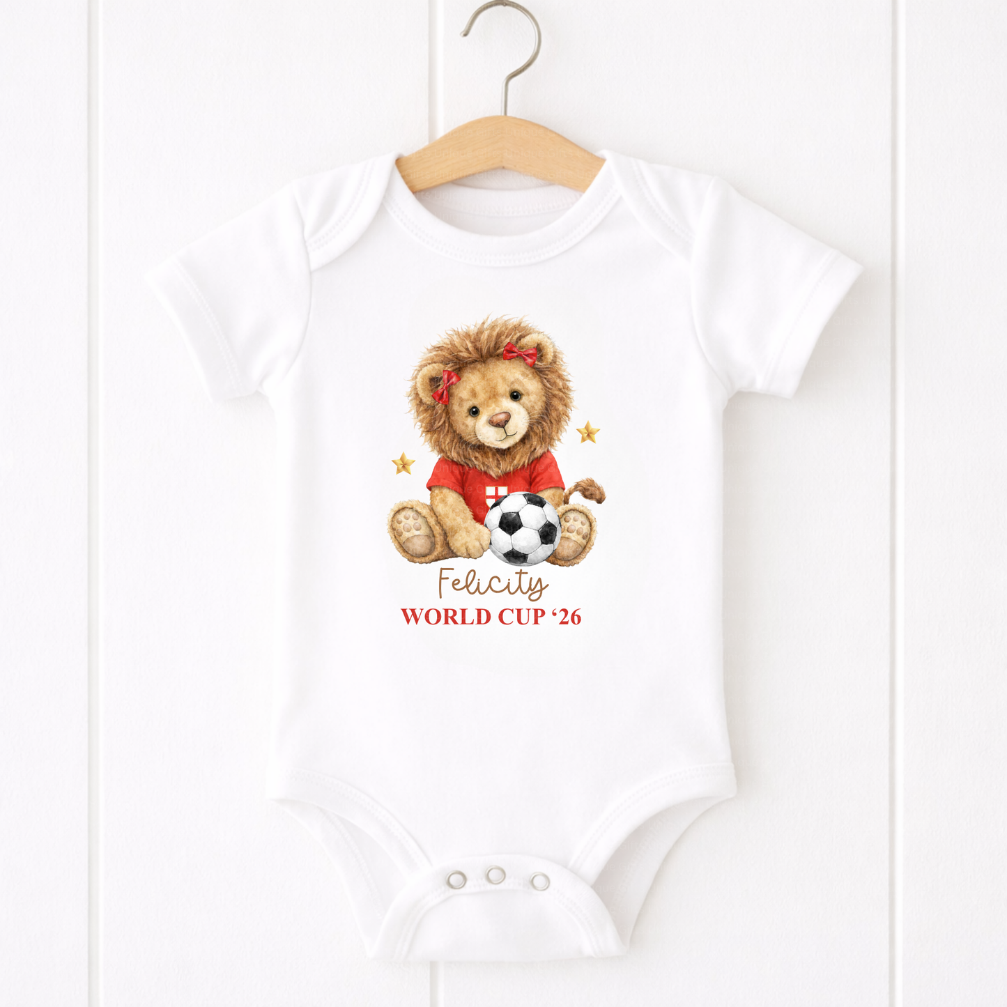 Personalised World Cup '26 Baby Grow – Lion Cub Football Design | Custom Name Baby Bodysuit
