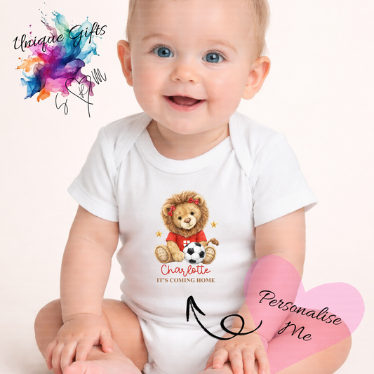 Personalised It's Coming Home Baby Grow – Lion Cub Football Design | Custom Name Baby Bodysuit