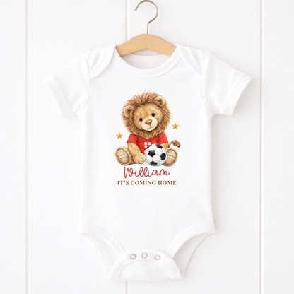 Personalised It's Coming Home Baby Grow – Lion Cub Football Design | Custom Name Baby Bodysuit