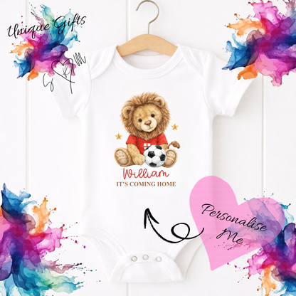 Personalised It's Coming Home Baby Grow – Lion Cub Football Design | Custom Name Baby Bodysuit