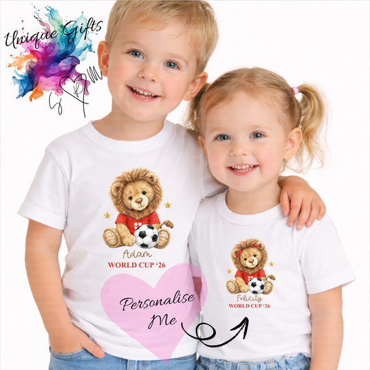 Personalised World Cup '26 Kids T-Shirt – Lion Cub Football Design | Custom Name Children's Tee