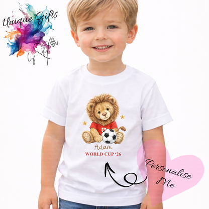 Personalised World Cup '26 Kids T-Shirt – Lion Cub Football Design | Custom Name Children's Tee
