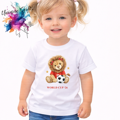 Personalised World Cup '26 Kids T-Shirt – Lion Cub Football Design | Custom Name Children's Tee