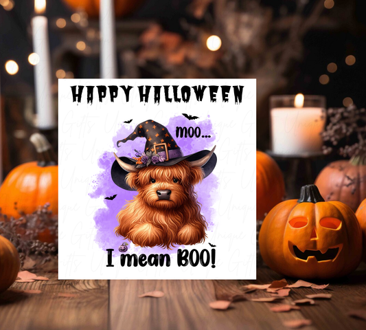 Personalised Halloween Card – Highland Cow “I Mean Boo!” | Handmade 6x6 Greeting with Envelope