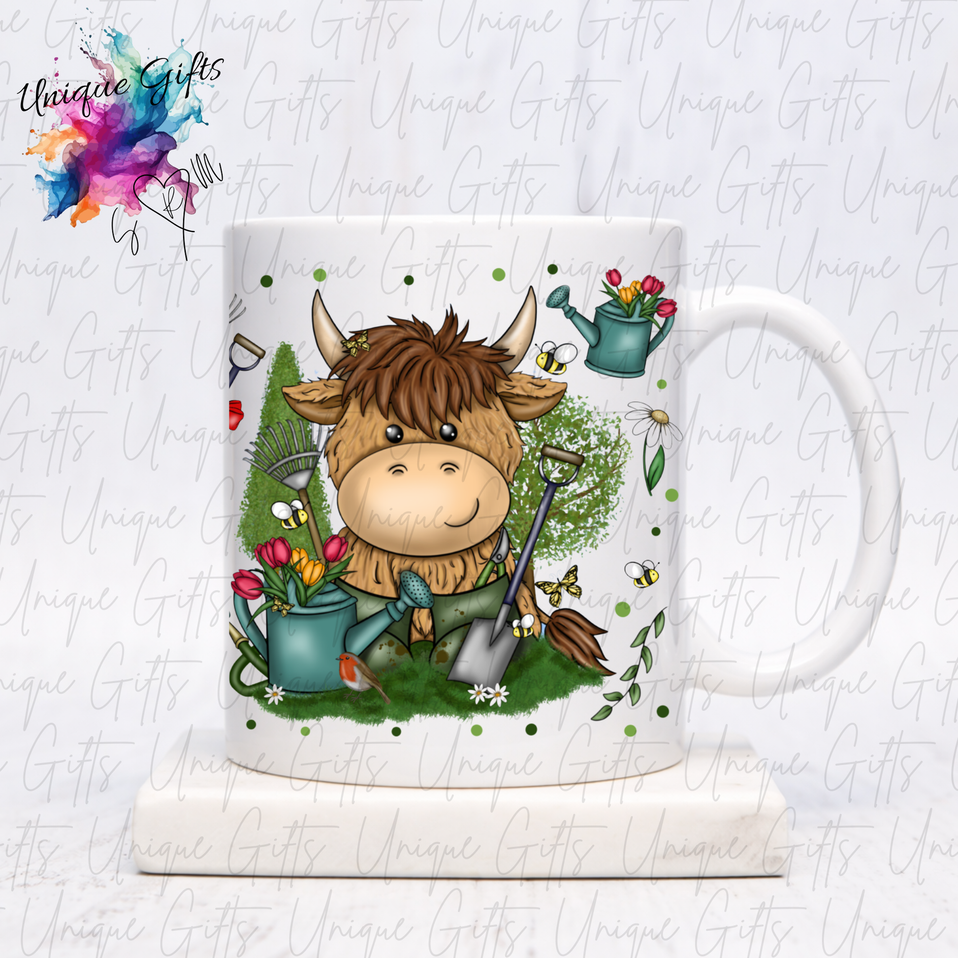 Highland Cow Gardener Mug – Cute Floral Cow Coffee Cup Gift