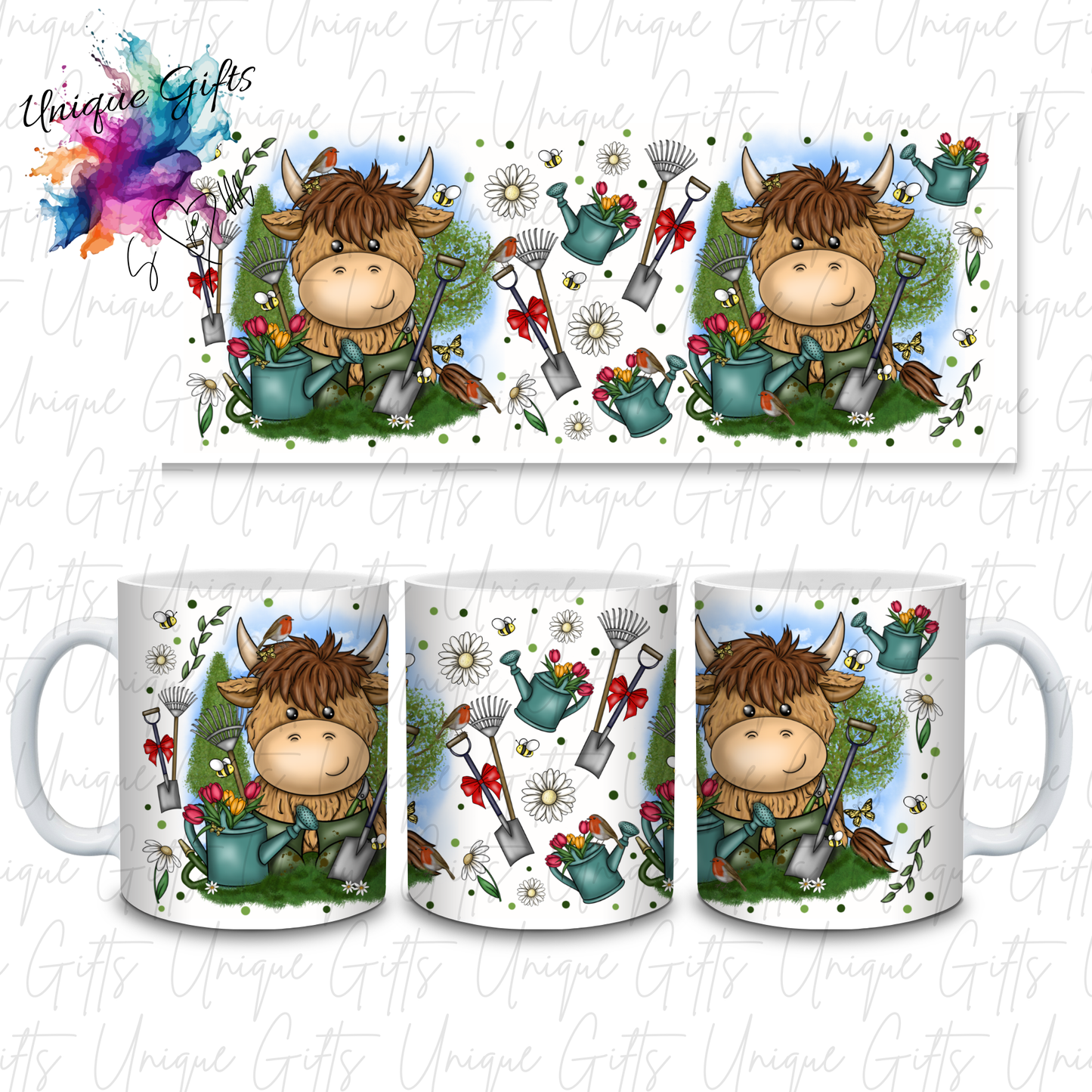 Highland Cow Gardener Mug – Cute Floral Cow Coffee Cup Gift