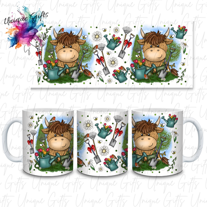 Highland Cow Gardener Mug – Cute Floral Cow Coffee Cup Gift