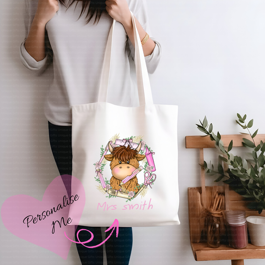 Personalised Highland Cow in a Wreath Teacher Tote Bag