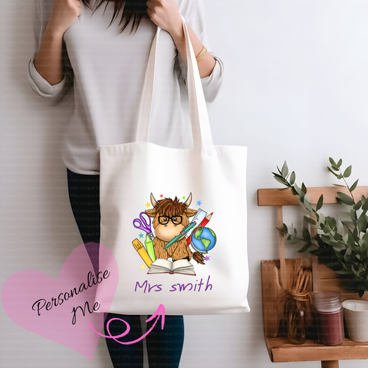 Personalised Highland Cow Teacher Tote Bag