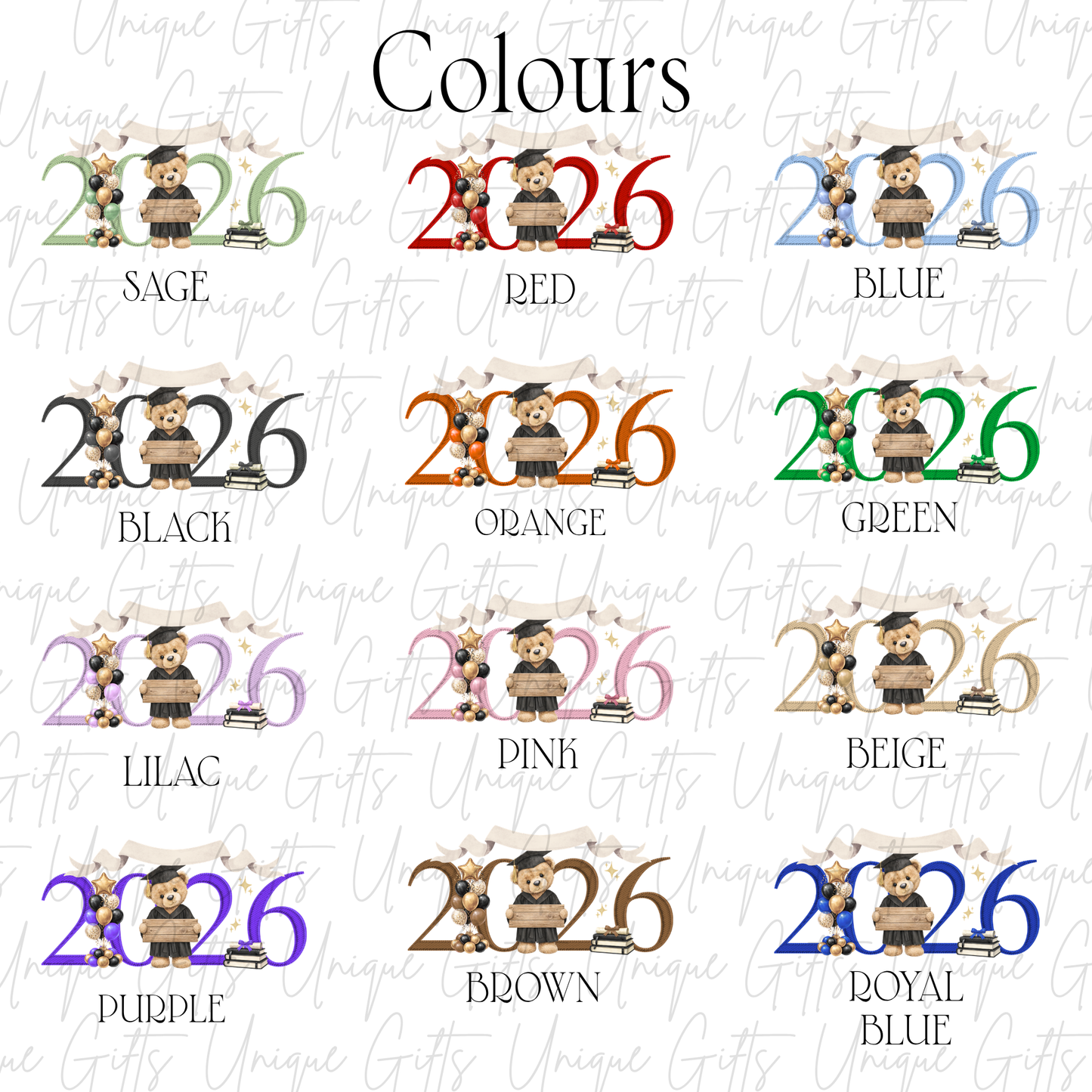 Colour options for nursery leavers 2026 Little Leaver bear card showing all 12 available text colours | Unique Gifts