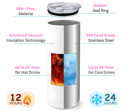 20oz skinny tumbler features – BPA-free, 304 food grade stainless steel, vacuum insulation, 12hr hot & 24hr cold