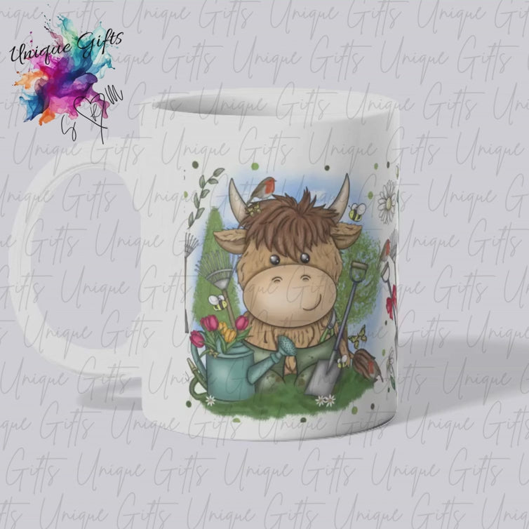 Highland Cow Gardener Mug – Cute Floral Cow Coffee Cup Gift